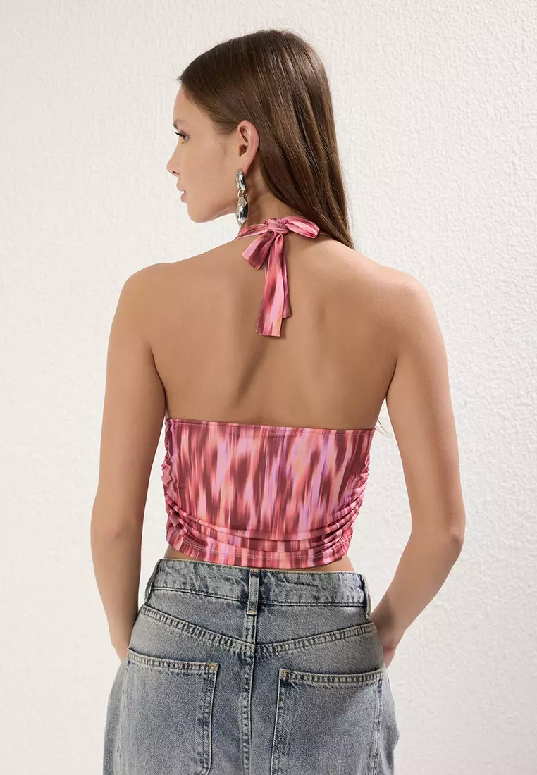 Pink Printed Halter Neck Fitted Crop Flexible Knit Blouse TWOSS24BZ00061