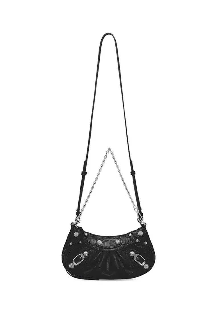Chain Crocodile Embossed With Rhinestones Le Cagole Mini Shoulder Bag in Black