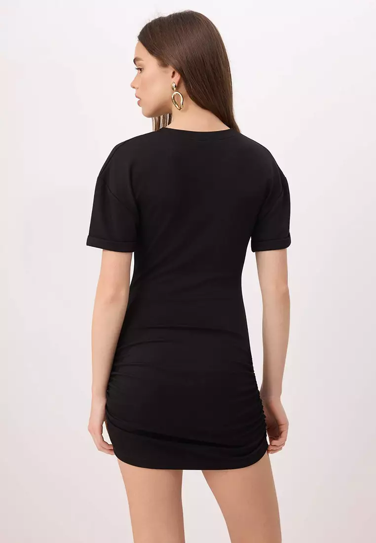 Black Bodycon Short Sleeve Accessory Detail Mini Soft Touch Knitted Dress Twoss26El561