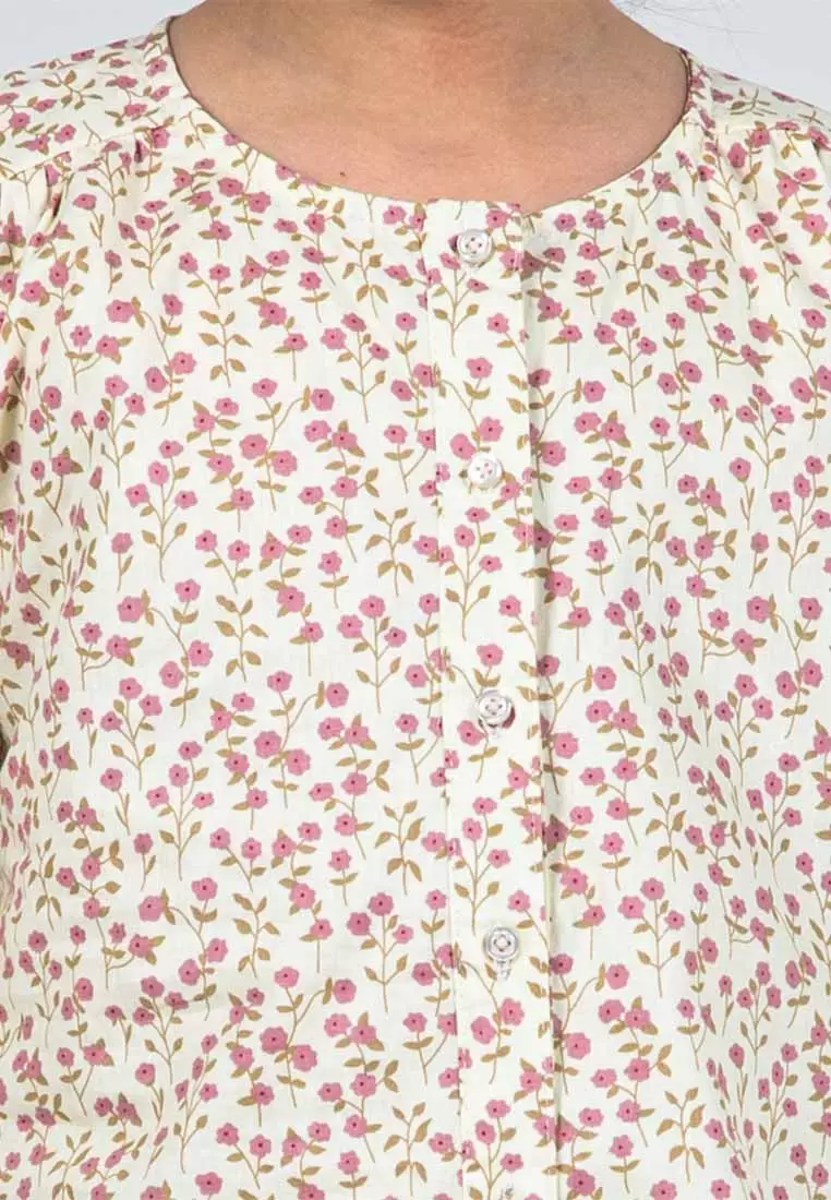 Forest Kids Girls Floral Pattern Cotton Button Blouse Woven Long Sleeve Top - FK820084-66LtYellow