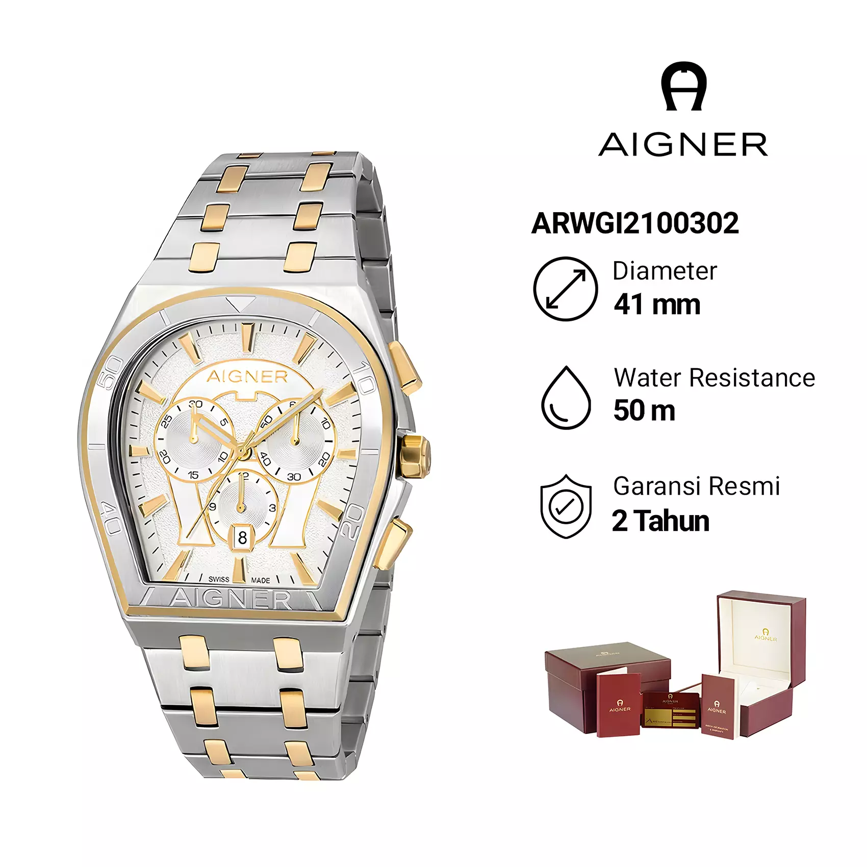AIGNER - Jam Tangan Pria - White Dial Dual Tone Stainless Steel - ARWGI2100302