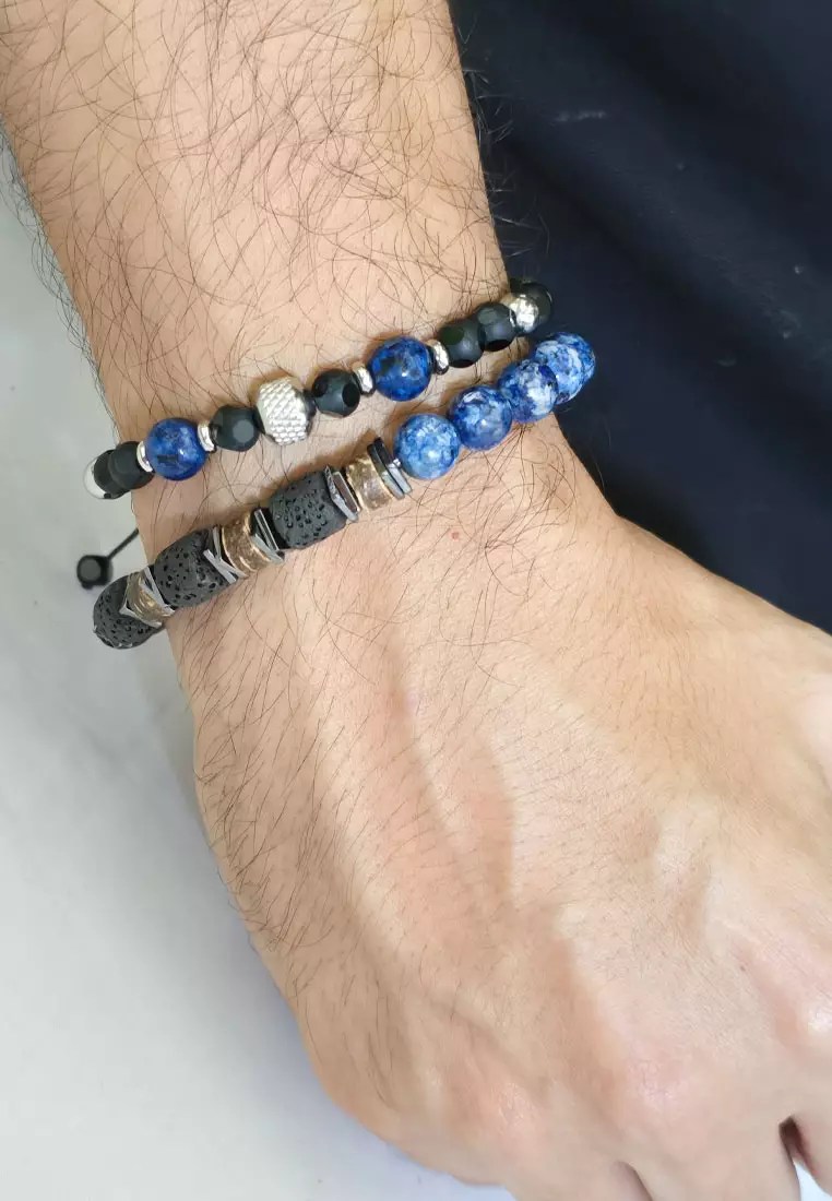 Aksesoris Pria 2 in 1 Lapiz Stones Multistrand Bracelet Gelang Pria Blue & Black