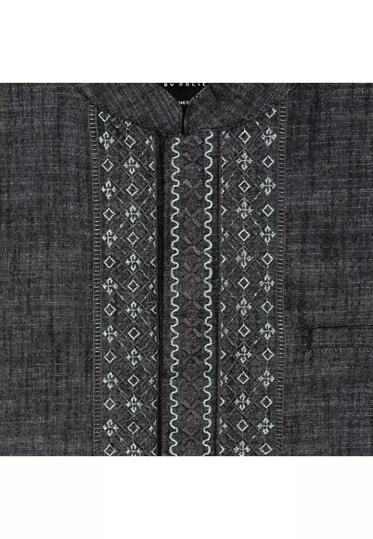 POLICE Kemeja Koko Bordir Cotton Slub Regular Fit Lengan Panjang Pria