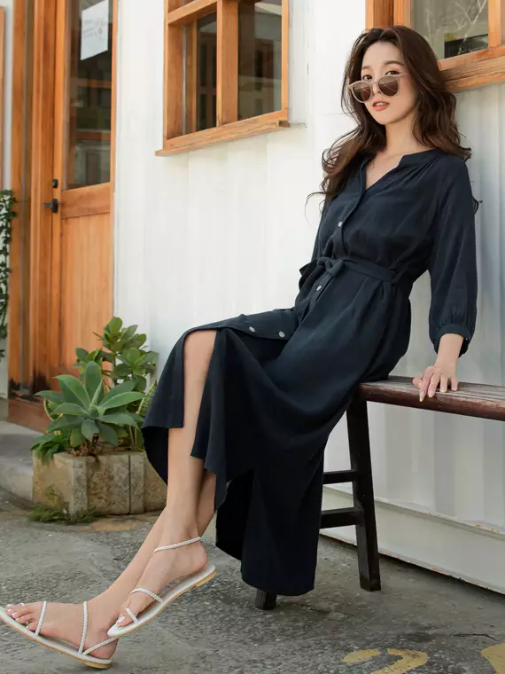 Literary Simple Seven-quarter Sleeve Lace-up Maxi Dress main image 0