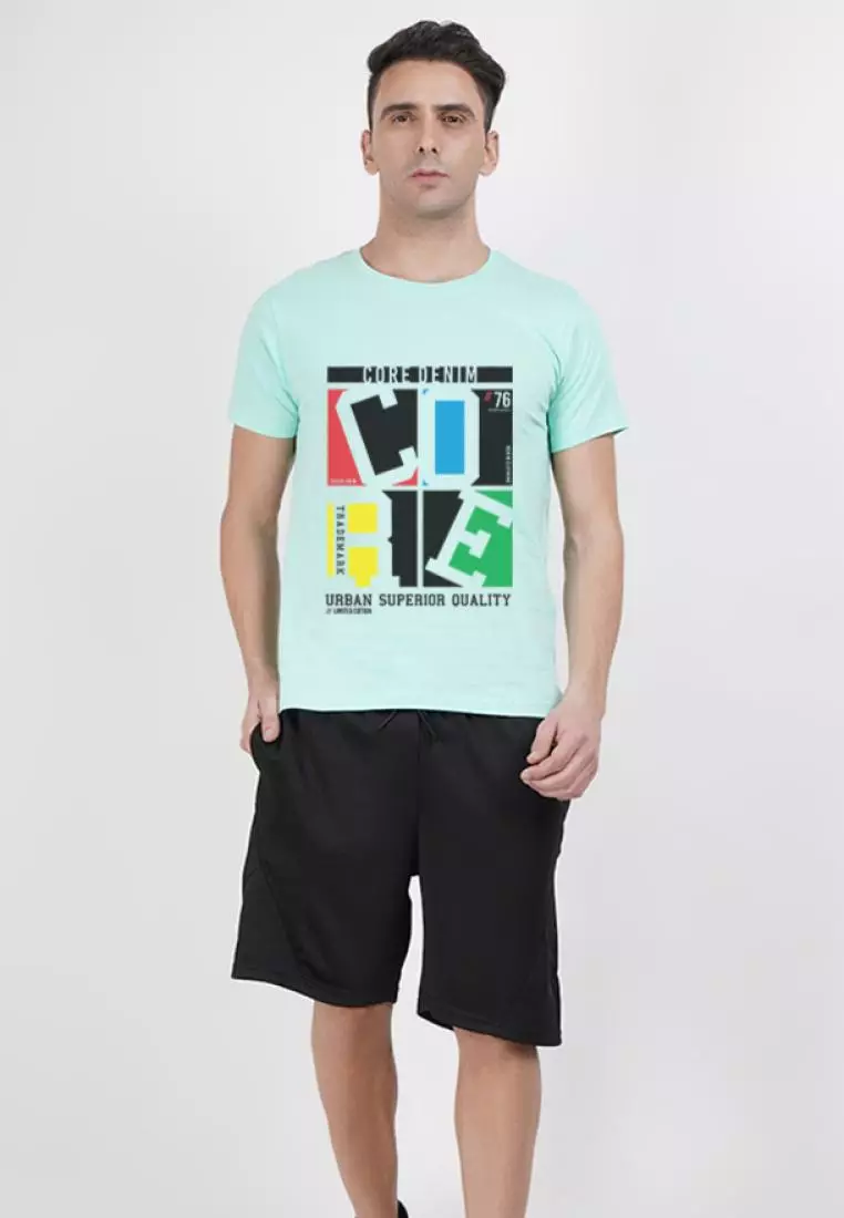 Core Denim Graphic Mint Cotton Short Sleeve Crew Neck Regular Fit T-Shirt
