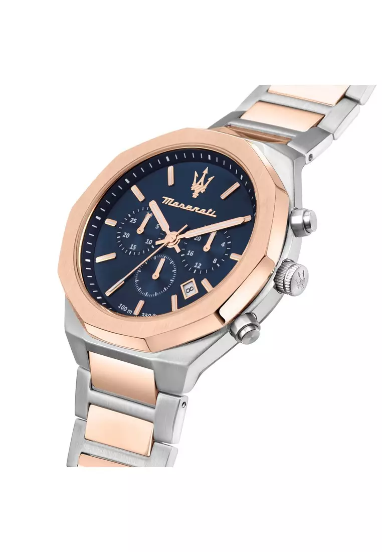 【2 Years Warranty】Maserati Stile 45mm Blue Sunray Dial Men's Chronograph Quartz Watch R8873642002 With Luminous Dial Hands