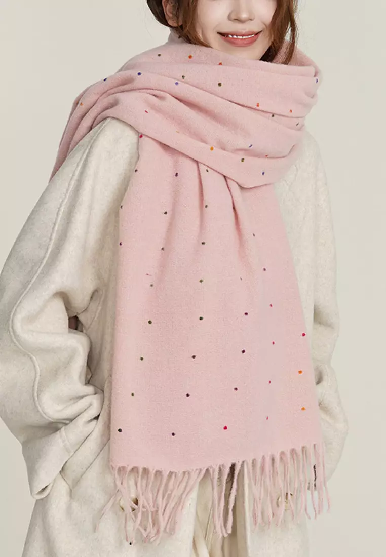 Aksesoris Wanita Polka Dots Cashmere Pashmina Syal Wanita Tebal Kasmir Pink