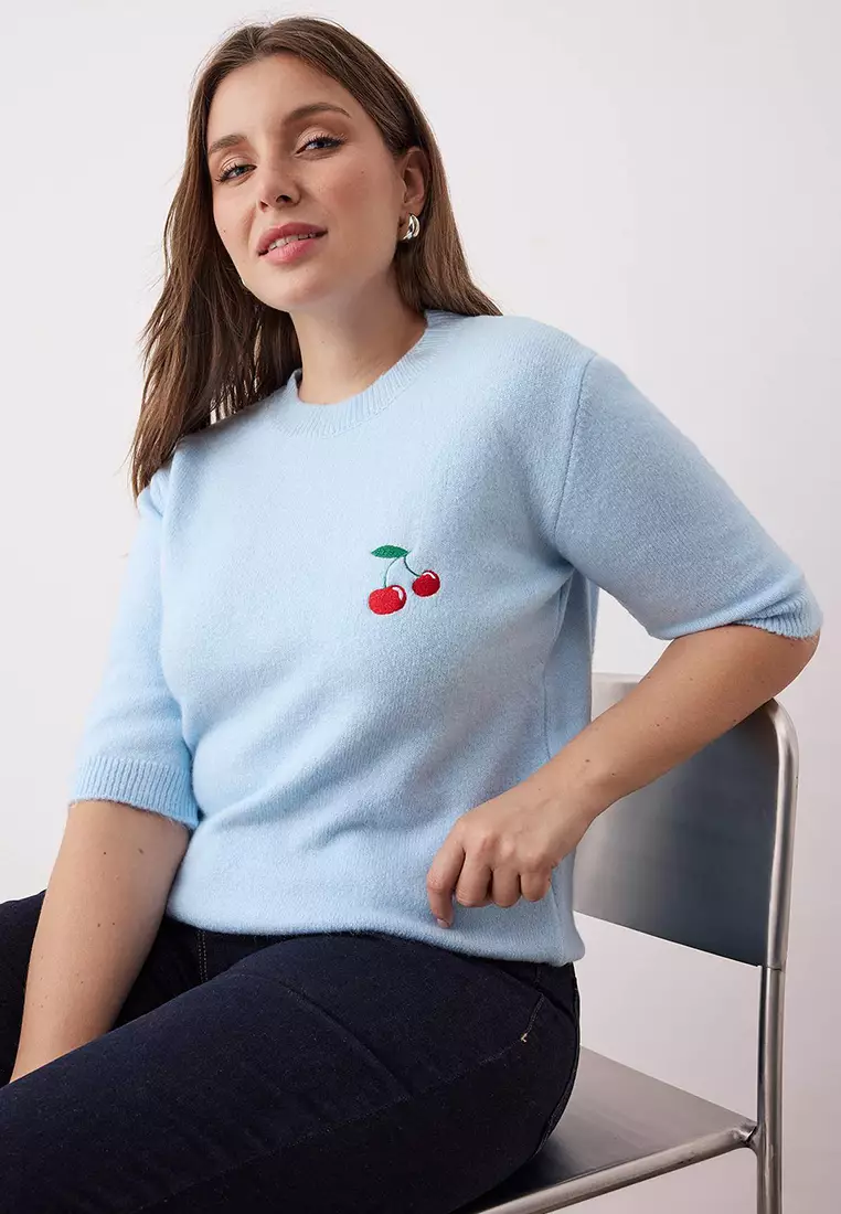 Cherry Embroidered Thin Knit Sweater