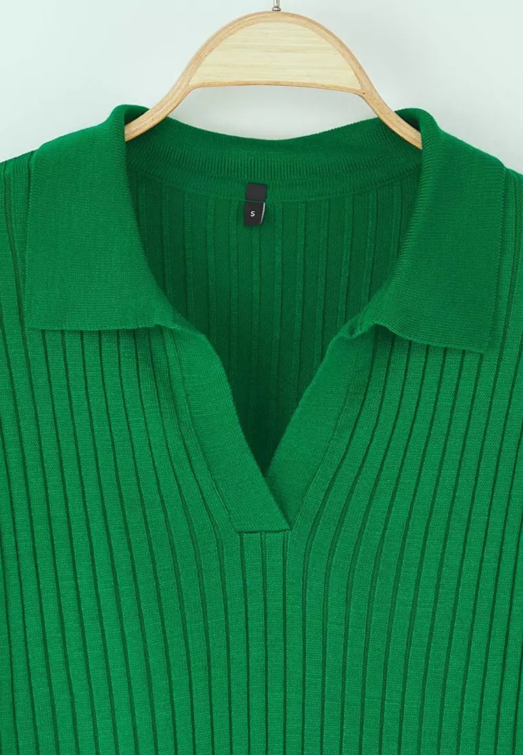 Emerald Green Striped Sleeve Detail Polo Collar Knitwear Sweater Twoaw21Kz1113