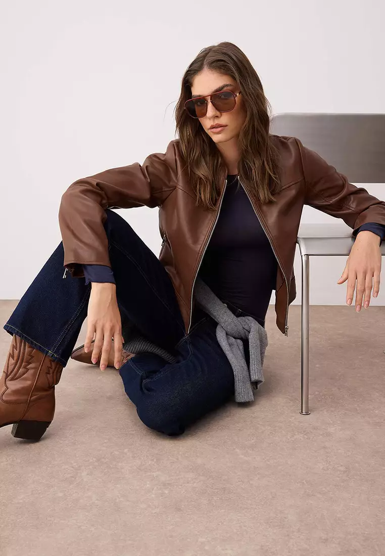 Dark Brown Fitted Mold Faux Leather Biker Slim Jacket Coats
