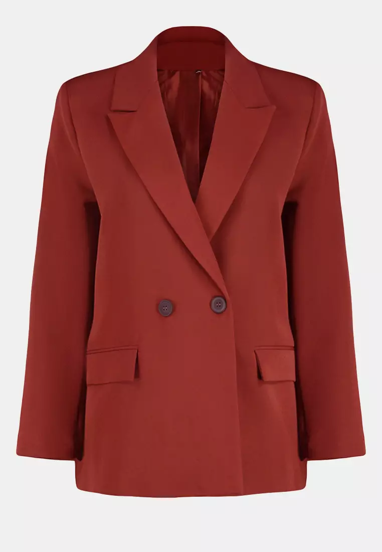 Burgundy Tile Oversize Straight Cut Basic Double-Breasted Woven Blazer Jacket Twoss24Bc28