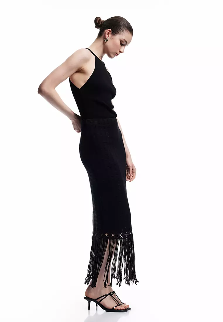 Standard Waist Tasseled Midi Pencil Skirt