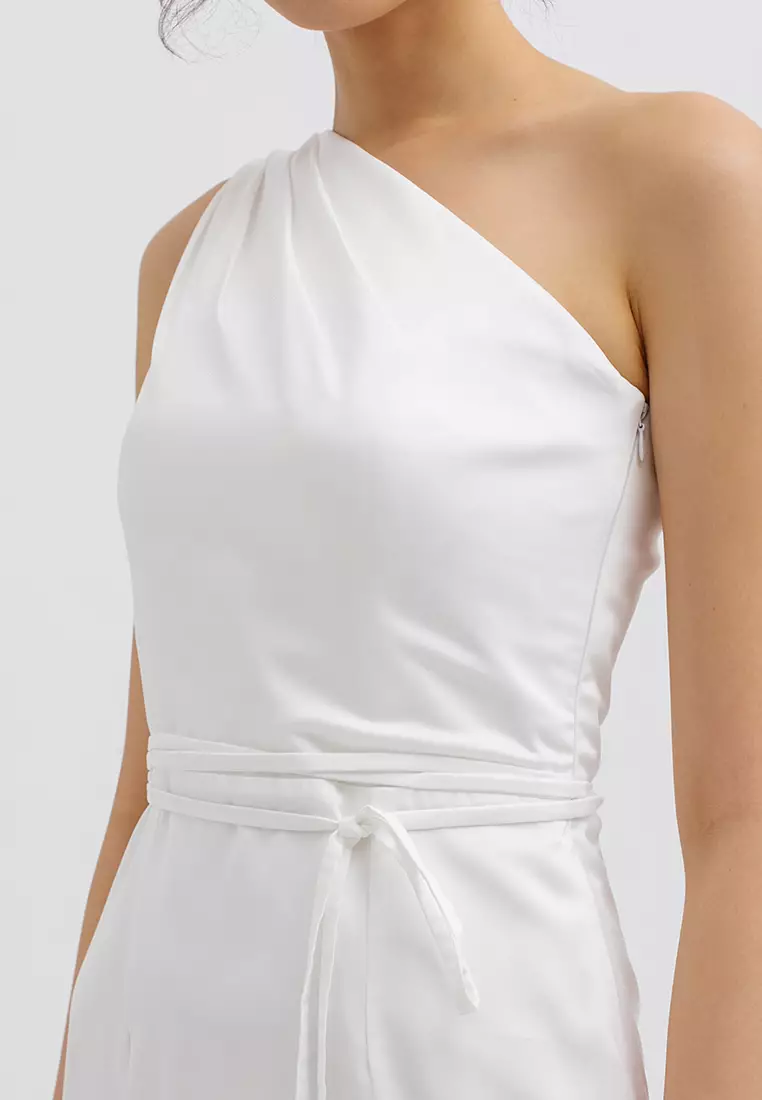 One Shoulder Tied Midi Dress in White