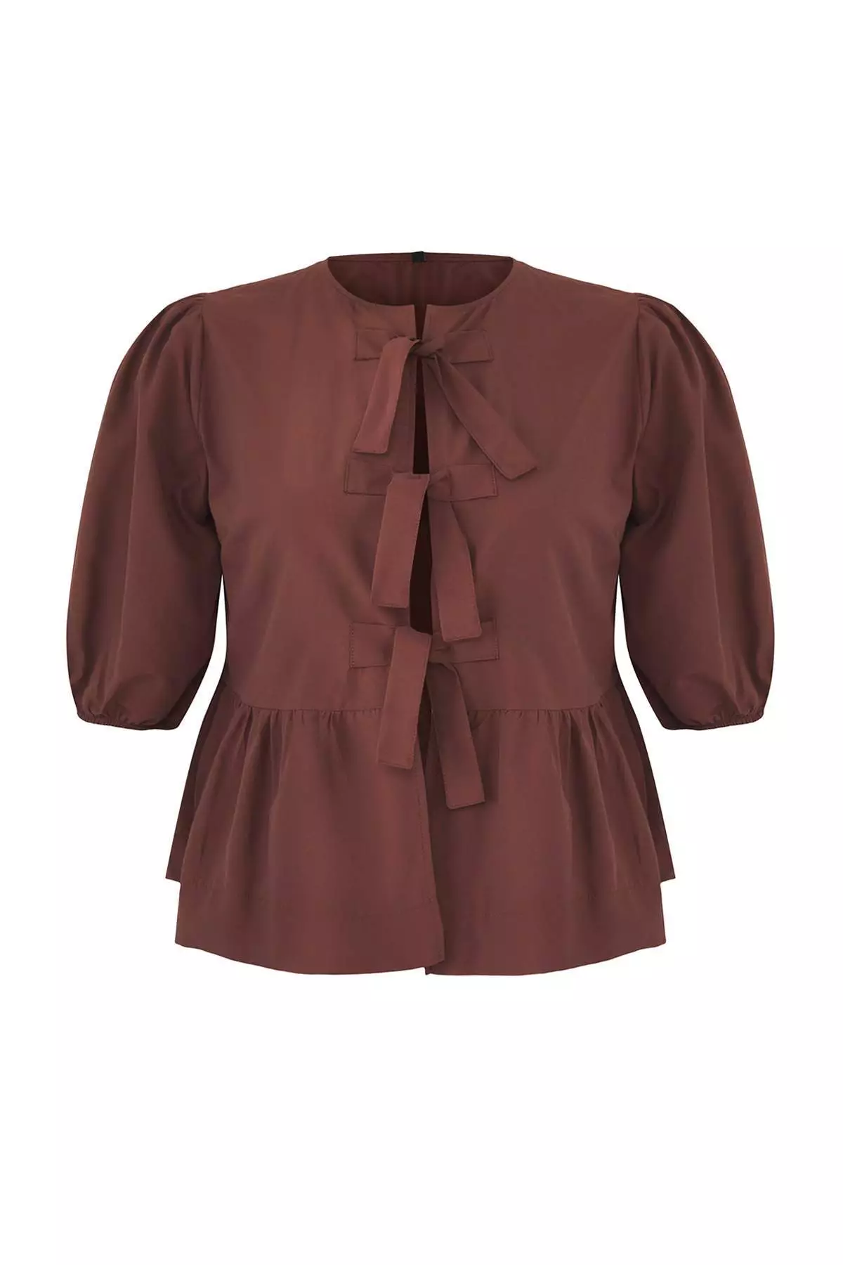 Brown Bow Woven Plus Size Blouse
