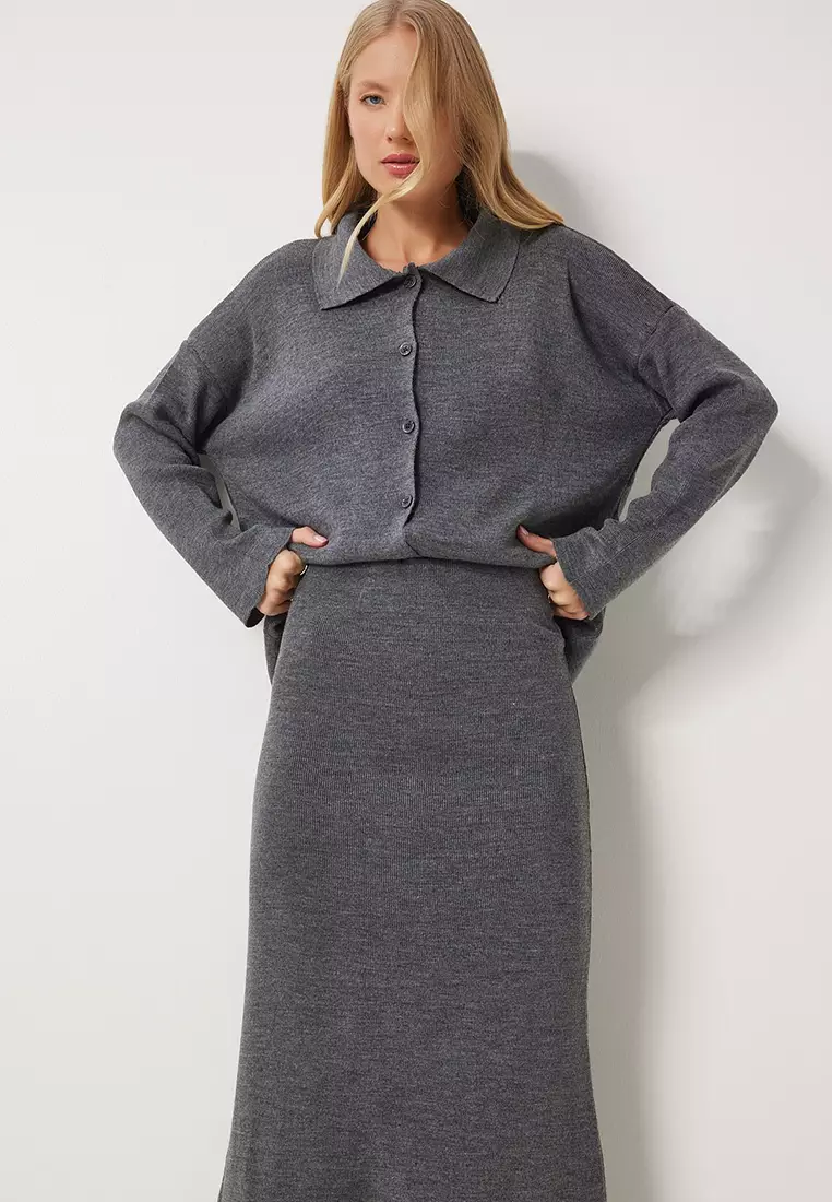 Polo Neck Knitwear Cardigan Skirt Set