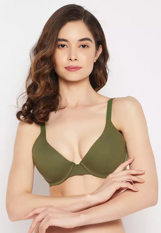 Clovia Level 1 Push-Up Padded Underwired Demi Cup Plunge T-shirt Bra in Olive Green - Cotton