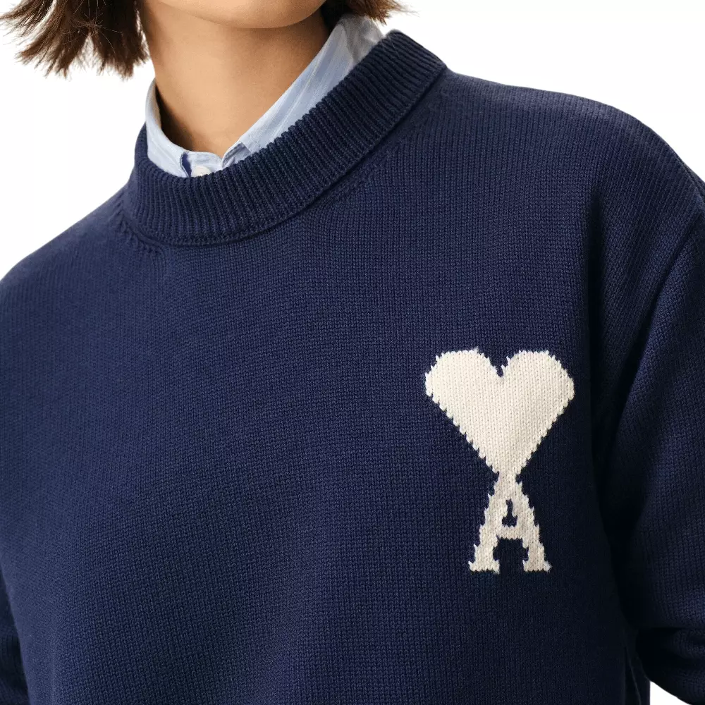 Ami De Coeur Wool and Cotton Crewneck Sweater Ink/Off White
