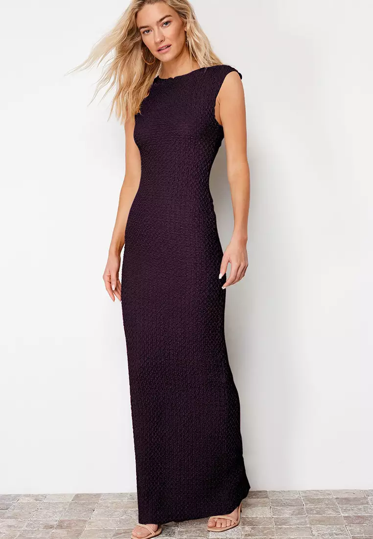 Plum Textured Fabric Fitted Moon Sleeve Flexible Knitted Midi Pencil Dress