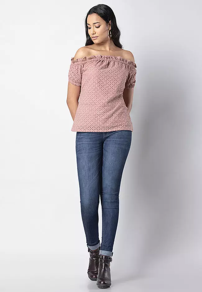 Pink Schiffli Off Shoulder Top