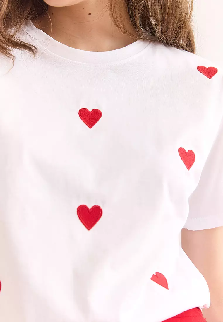 Buy Olalook Women's White Heart Embroidered Cotton Regular Fit T
