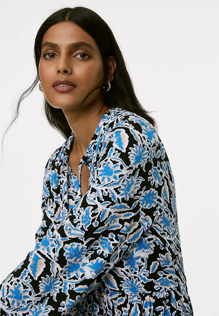 Printed Tie Neck Mini Relaxed Dress