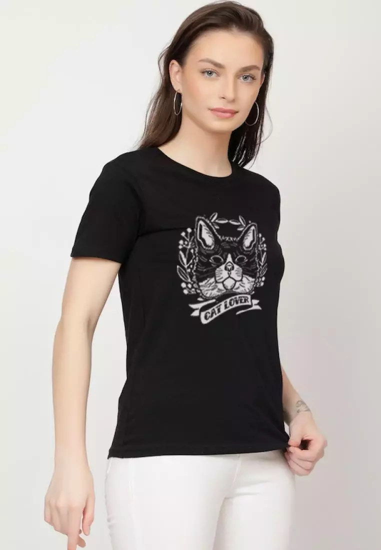 Cat Lover Relaxed Short Sleeve Stylish Black Cotton Casual Graphic Print Tee/TShirt