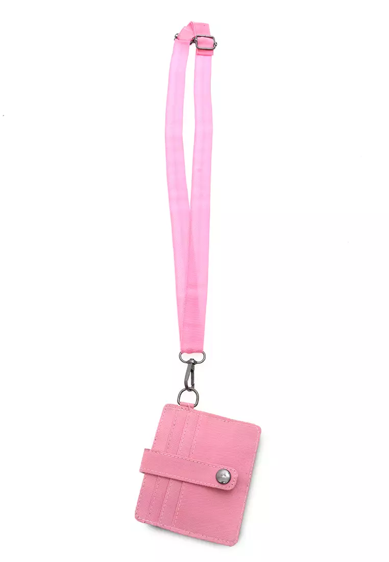 Hanging Neck Dompet Kartu 4 Slot Free Tali Gantung Motif Polos Holder Wallet Unisex - Pink