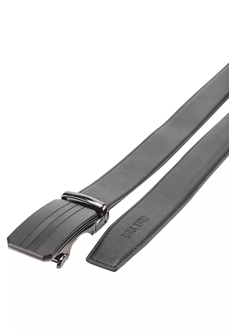 Stripe Plate Buckle Top Grain Leather Belt