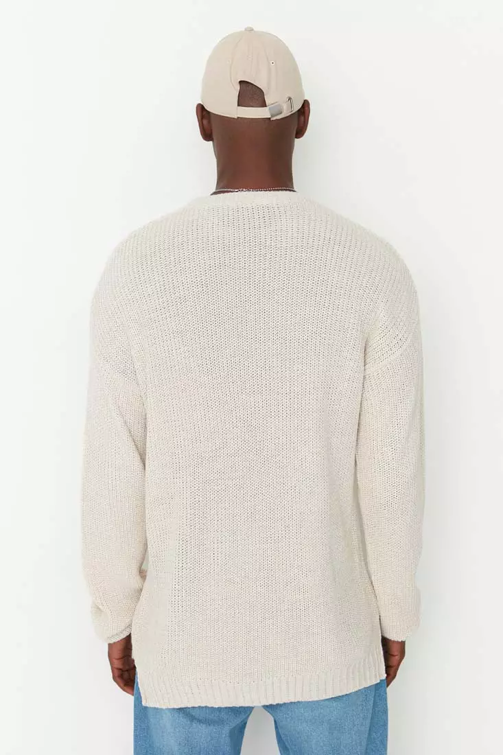 Beige Men's Oversize Fit Wide Fit Crew Neck Slit Knitwear Sweater