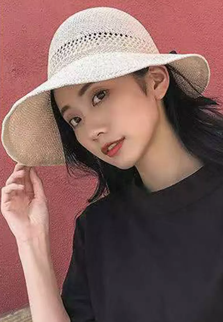 Bow-knot Hollow Big Brim Foldable Sunshade Bucket Hat Cap A22062408BE