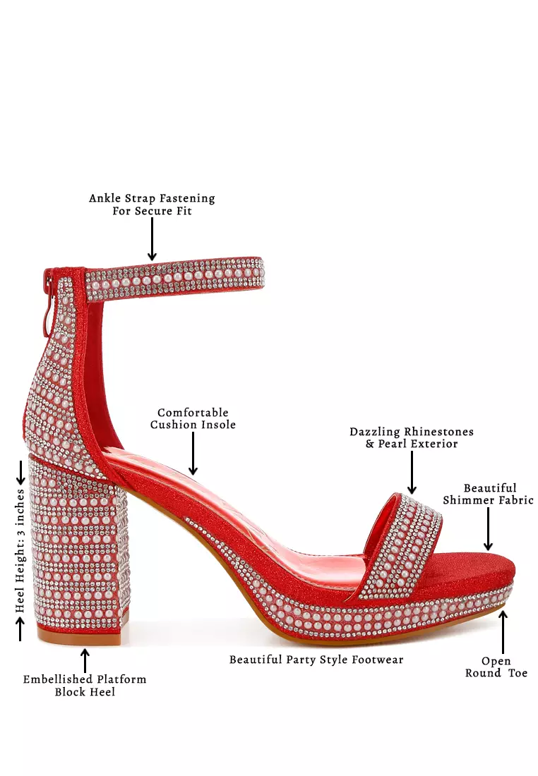 Sandal Berlian Imitasi Dan Hiasan Mutiara Warna Merah