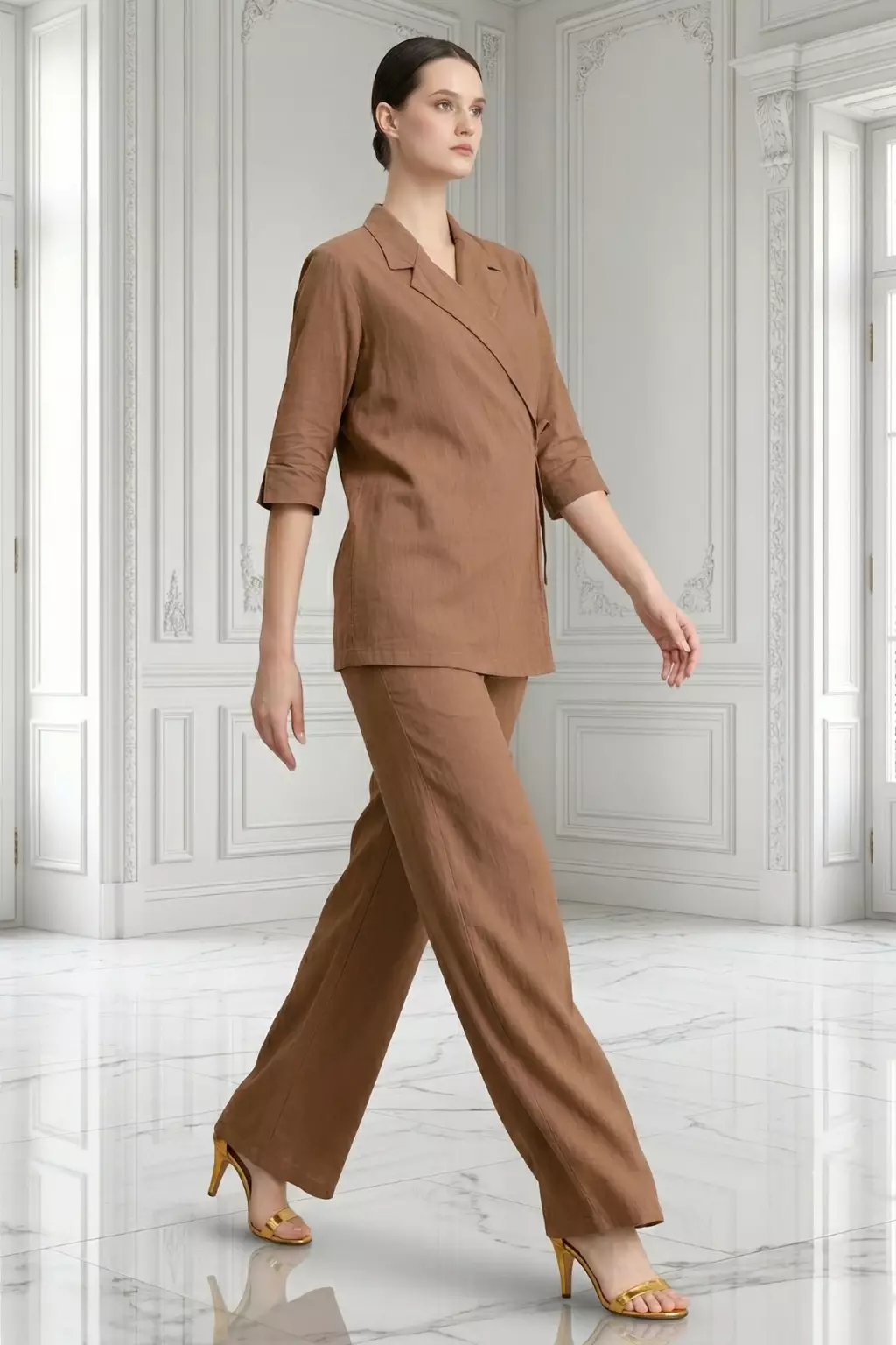 Essentials Linen Travel Set - Kimono Blazer Shirt with Straight Pants Brown (One Set Shirt & Pants)