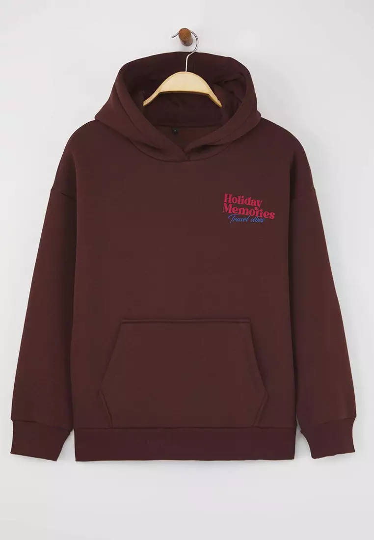 Teen Brown Back Printed Oversize Pattern Hooded Polar Fleece Knitted Sweatshirt
