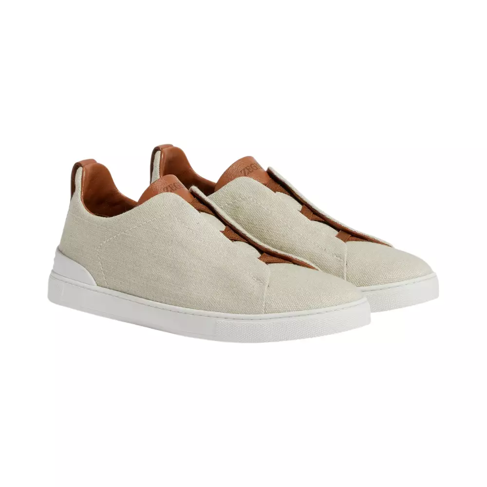 Triple Stitch Cotton Linen and Leather Sneakers Dust White