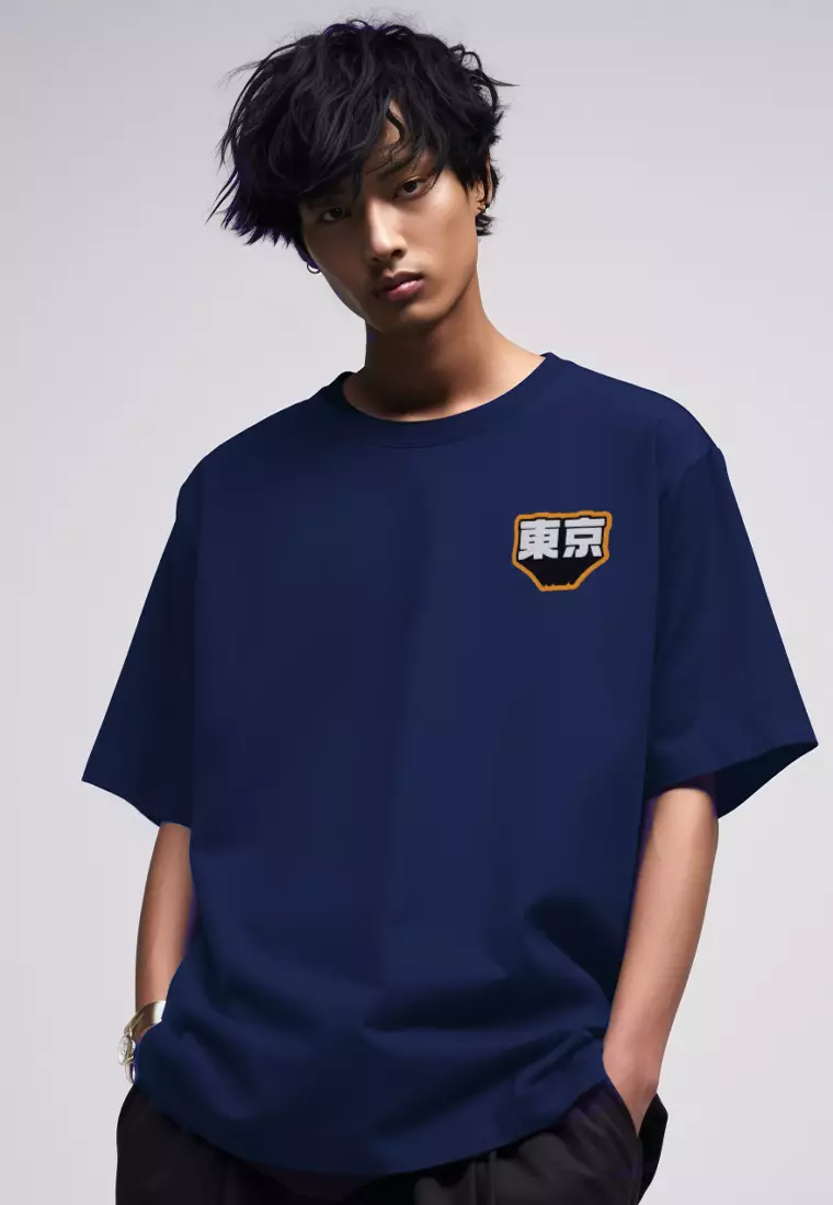 MTQ31 t shirt oversize pakaian oversized bahan tebal distro tulisan jepang tokyo flat dakir navy