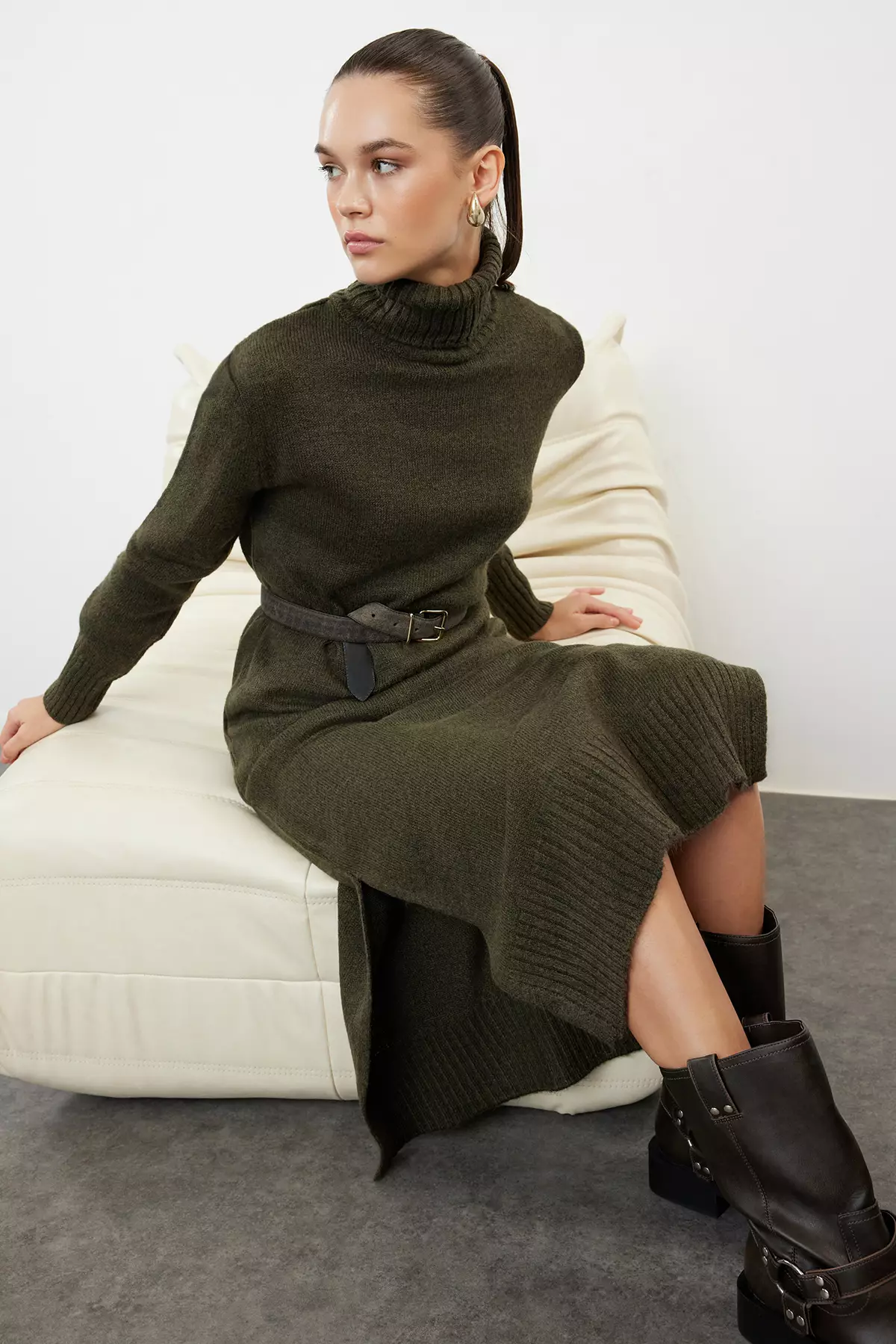 Khaki Midi Wide Fit Soft Texture Knitwear Dress