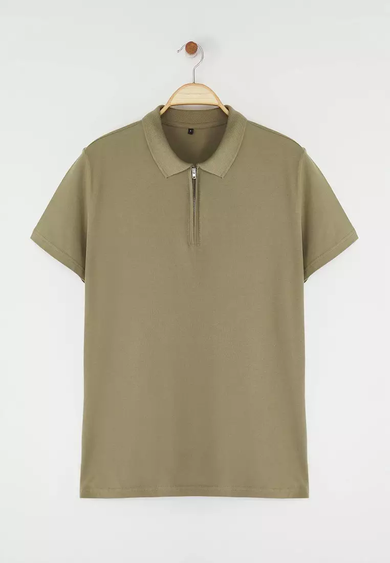 Khaki Regular/Normal Cut Zippered 100% Cotton Polo Neck T-Shirt