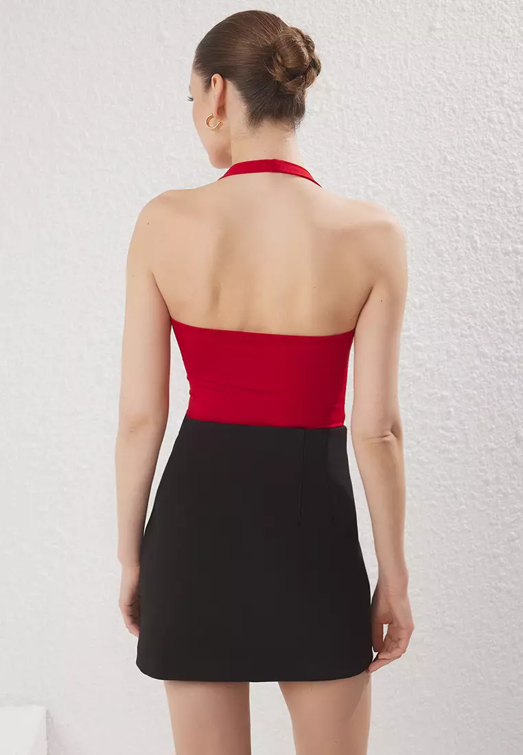 Red Square Neck Slim Halter Knitted Bodysuit TWOSS25BD00019