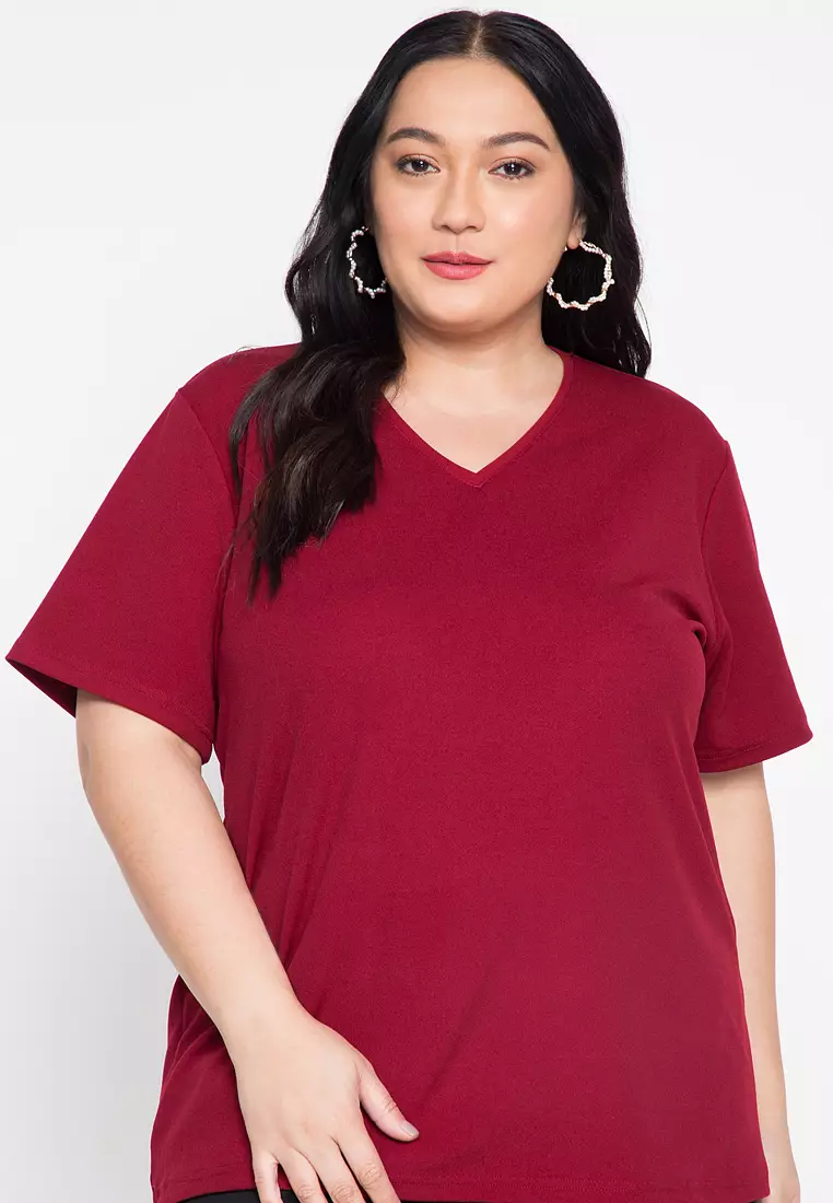 Plus size red v neck t shirt top