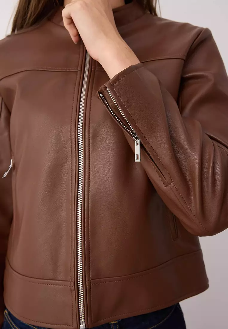 Dark Brown Fitted Mold Faux Leather Biker Slim Jacket Coats