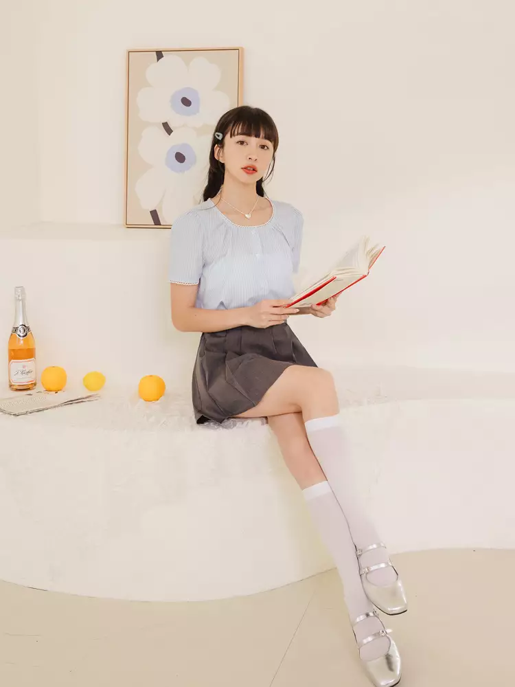 Lace Trim Striped Cropped Shirt [AB18864]