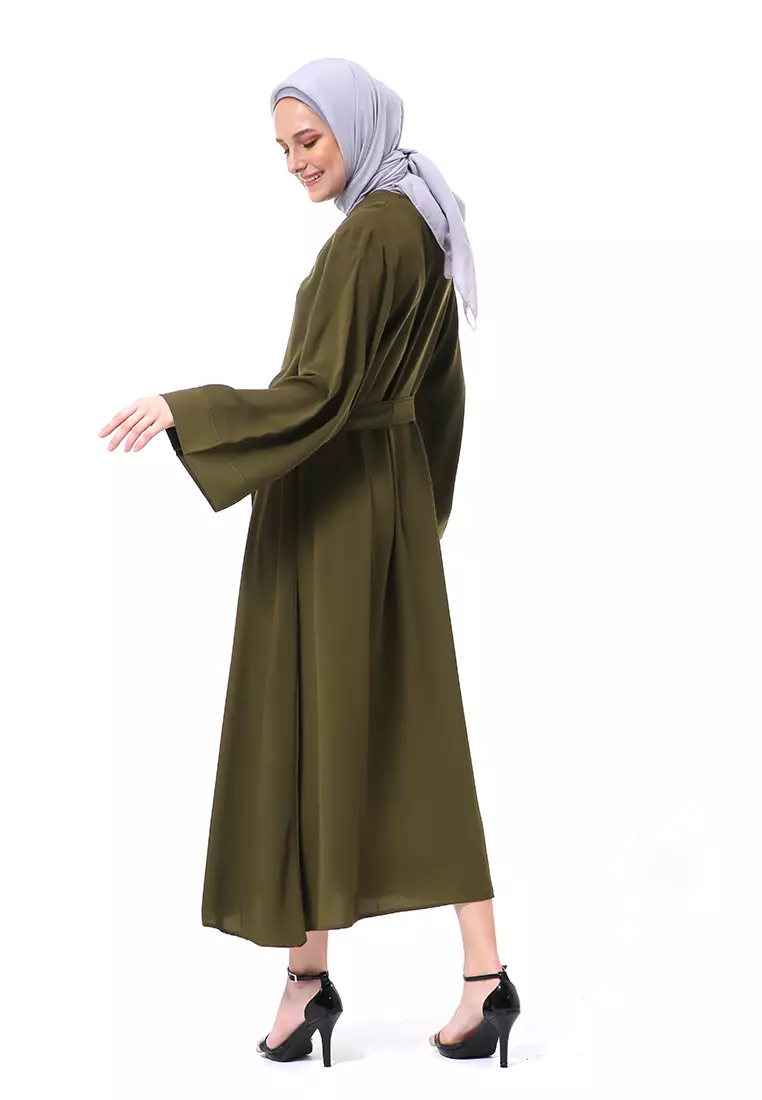 Khalisa Aiza Long Abaya Gamis Self Tie Belt Premium High Quality - Army