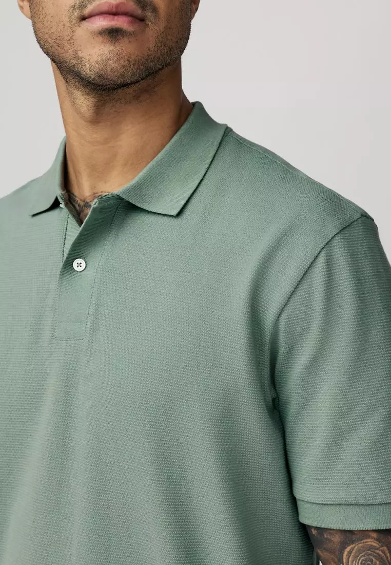 Textured Waffle Button Through 100% Cotton Polo Shirt