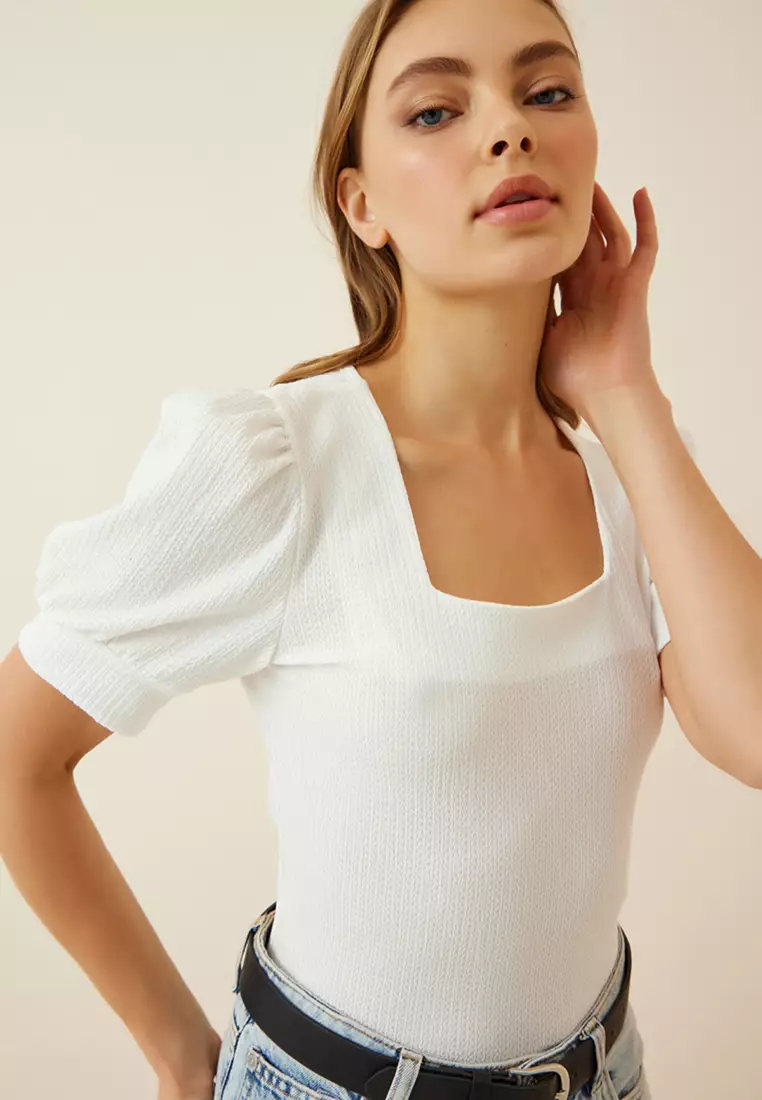 Square Collar Balloon Sleeves Knitted Blouse