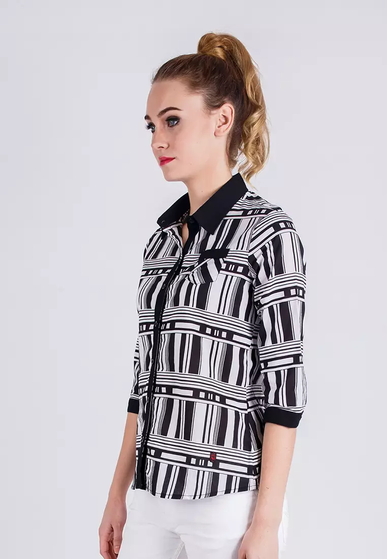 LGS - Slim Fit - Ladies Shirt - Black/White - Long Sleeve