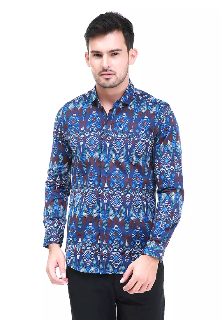 Dwan Kemeja Batik Pria Atasan Formal Longsleeve Shirt Material Cotton ORIGINAL - Navy