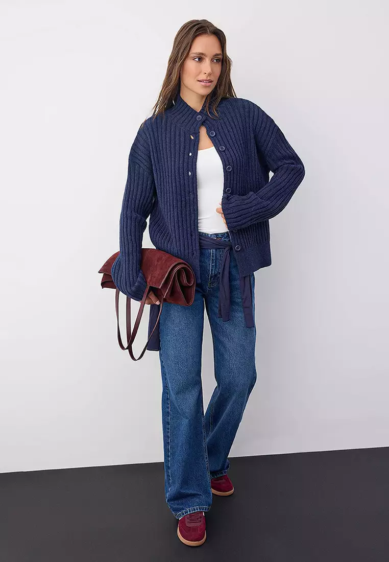 Wardrobe Essentials Navy Blue Wide-Cut Ribbed Soft Textured Knit Cardigan | Twoaw26Hi00091