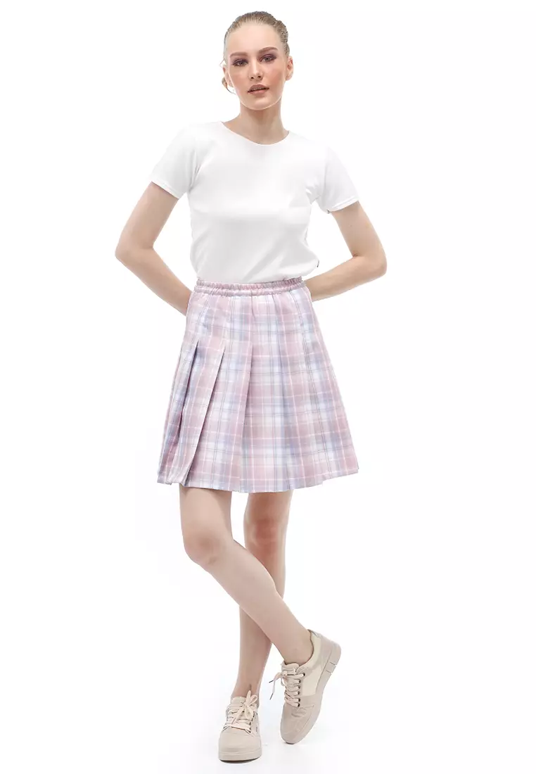 Rok Midi Wanita Motif Tartan Rubbery Waist Design Simple - Peach