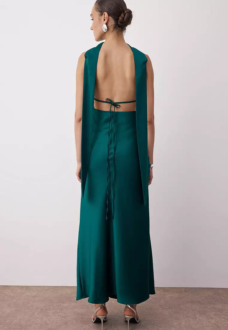 Shawl Detailed Satin Maxi Evening Dress