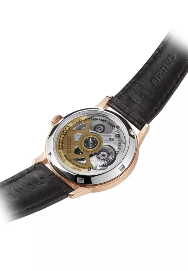 Seiko Presage Cocktail Time ‘Bellini’ Pale Pink Dial Brown Leather Band Automatic Watch SRP852J1